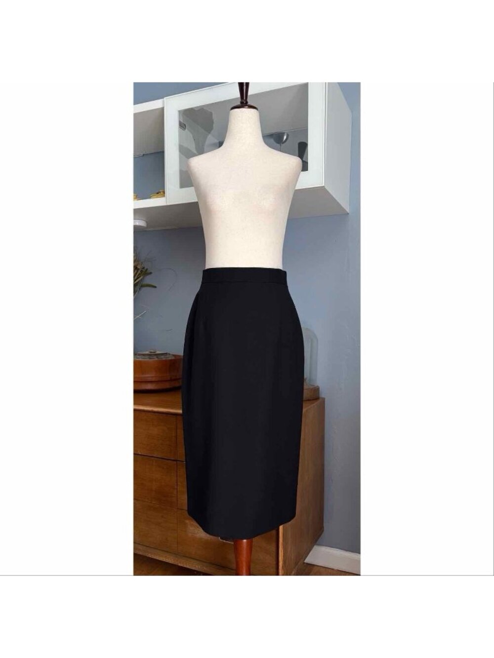 Vtg 80’s Louis Feraud Black Wool Straight Midi Skirt Front Slit Size US 8